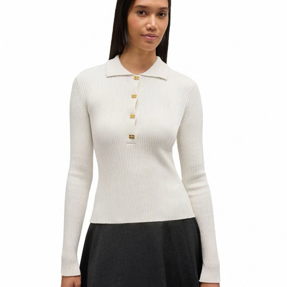 Ganni Cream Ribbed Long-Sleeve Polo with Gold Buttons